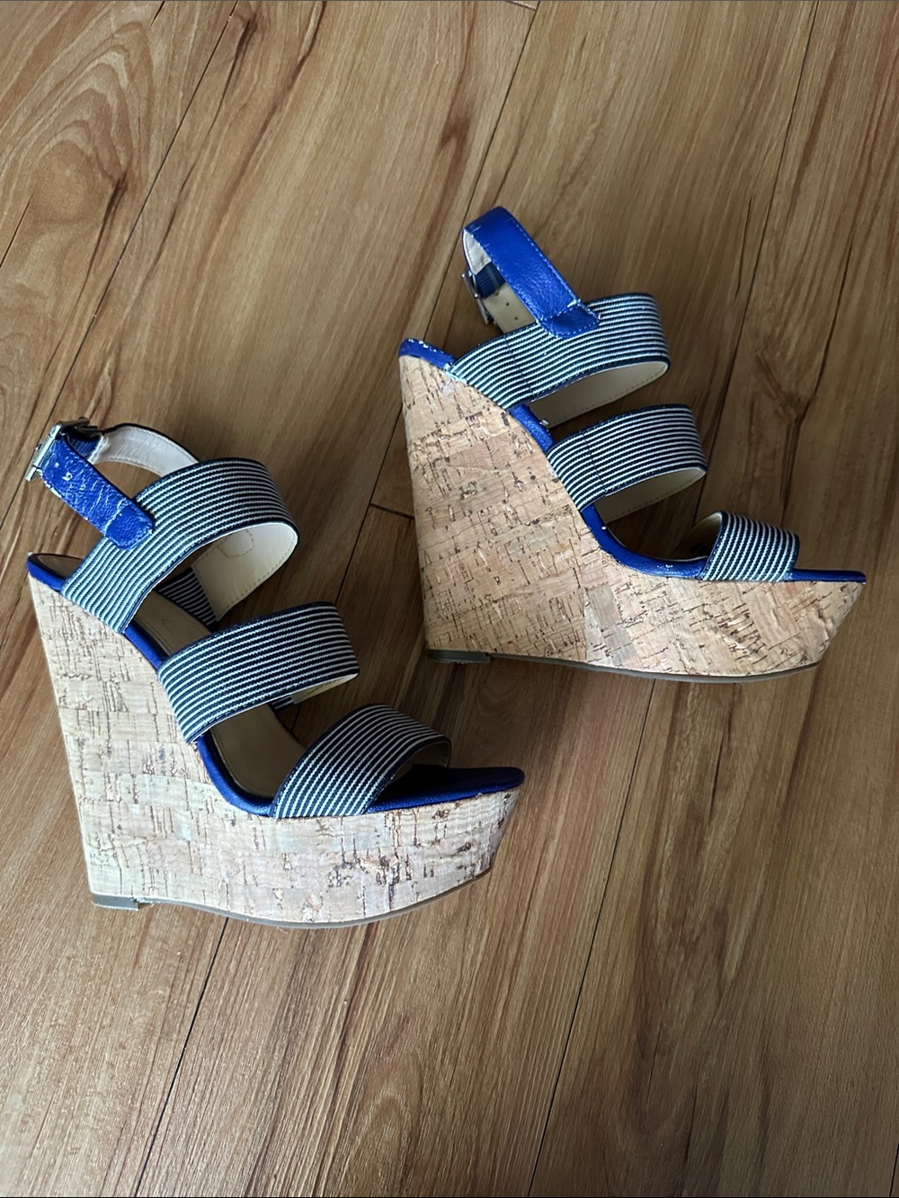 Jessica Simpson Navy and White Striped Cork Wedge Sandals Size 6